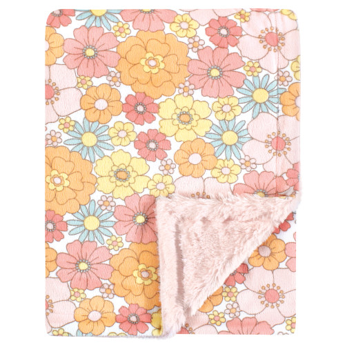 Hudson Baby Plush Blanket with Furry Binding and Back, Peace Love Flowers