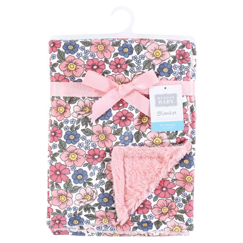 Hudson Baby Plush Blanket with Furry Binding and Back, Pink Blue Pretty Floral