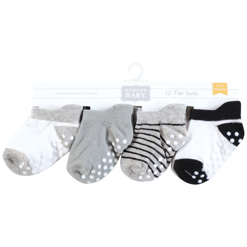 Hudson Baby Non-Skid No-Show Socks, Black Gray Stripes