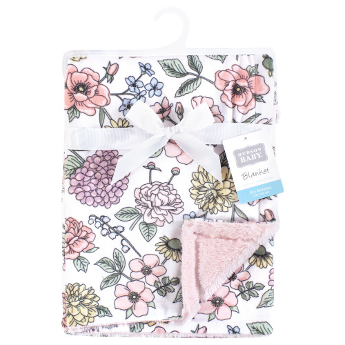 Hudson Baby Plush Blanket with Furry Binding and Back, Vintage Blossom