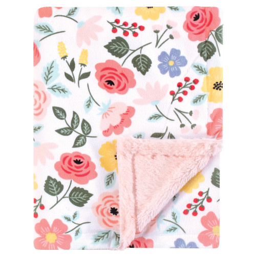 Hudson Baby Plush Blanket with Furry Binding and Back, Modern Botanical