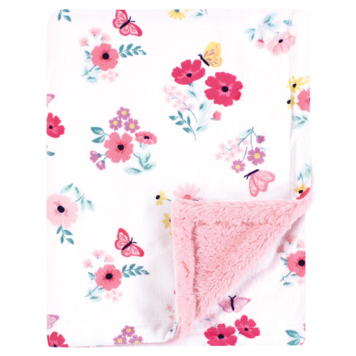 Hudson Baby Plush Blanket with Furry Binding and Back, Butterfly Floral