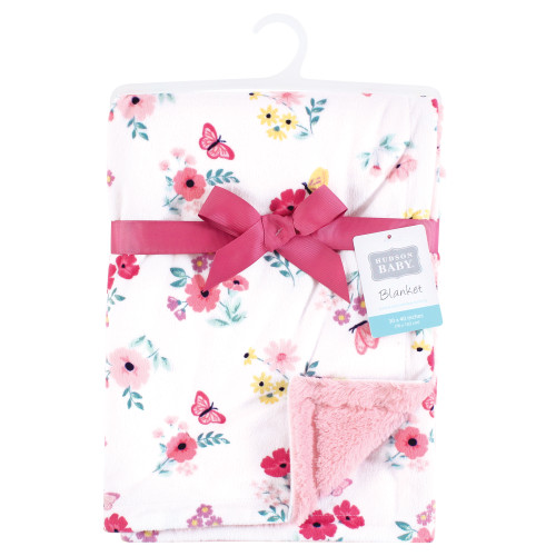 Hudson Baby Plush Blanket with Furry Binding and Back, Butterfly Floral