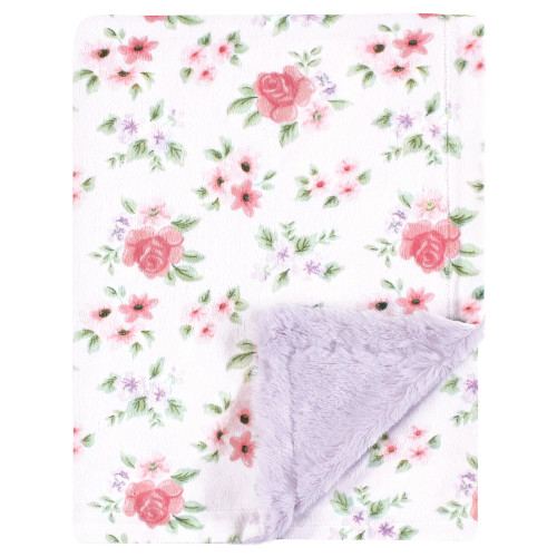 Hudson Baby Plush Blanket with Furry Binding and Back, Vintage Floral