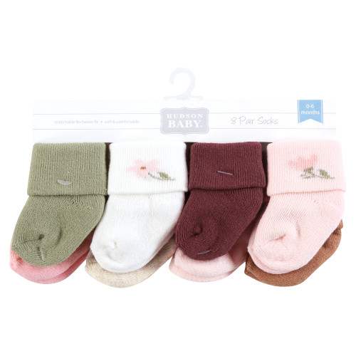 Hudson Baby Cotton Rich Newborn and Terry Socks, Pink Dainty Floral