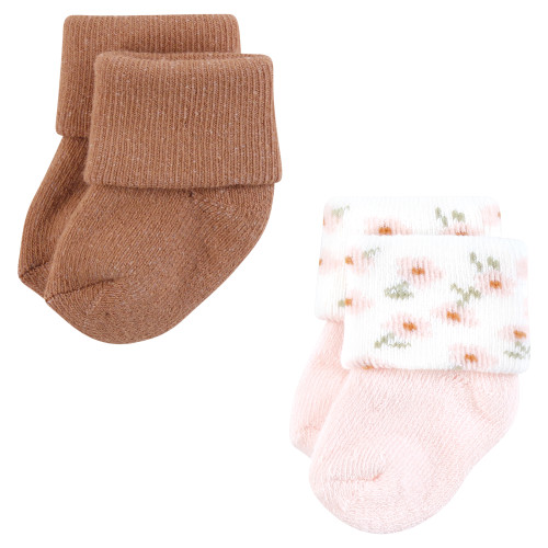 Hudson Baby Cotton Rich Newborn and Terry Socks, Pink Dainty Floral