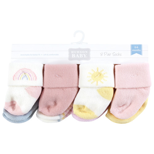 Hudson Baby Cotton Rich Newborn and Terry Socks, Pastel Sun And Rainbow