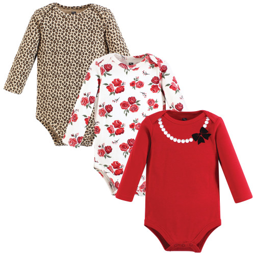 Hudson Baby Cotton Long-Sleeve Bodysuits, Red Rose Leopard
