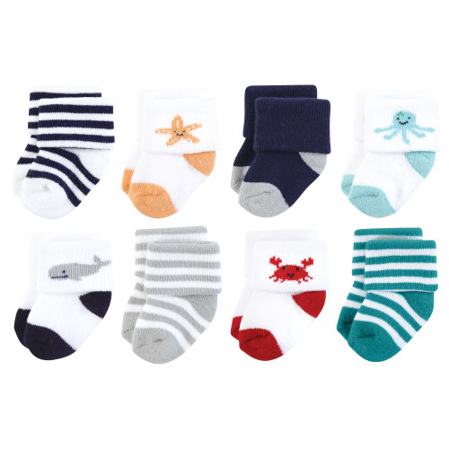 Hudson Baby Cotton Rich Newborn and Terry Socks, Sea Characters