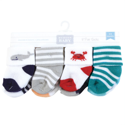 Hudson Baby Cotton Rich Newborn and Terry Socks, Sea Characters