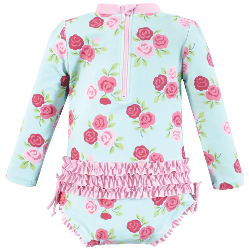 Hudson Baby Rashguard Baby and Toddler Swimsuit, Mint Pink Roses 1