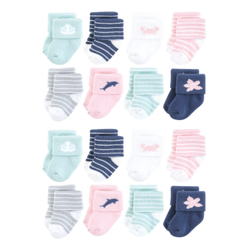Hudson Baby Cotton Rich Newborn and Terry Socks, Pink Dolphin 1