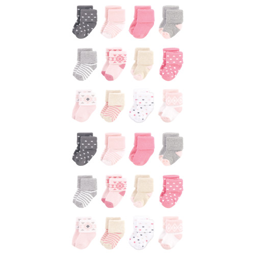 Hudson Baby Cotton Rich Newborn and Terry Socks, Pink Gray Aztec 1