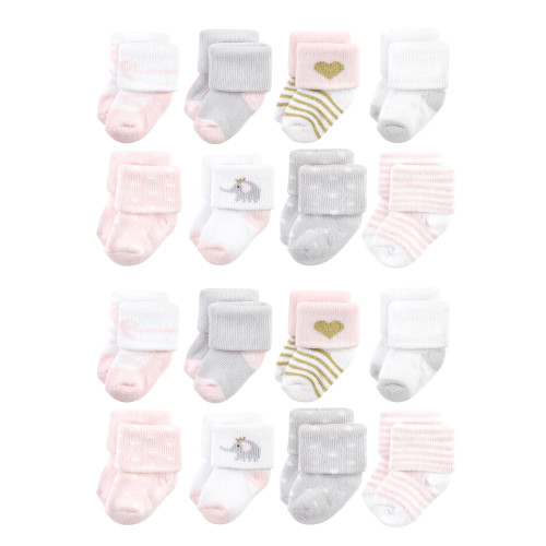 Hudson Baby Cotton Rich Newborn and Terry Socks, Pink Gray Elephant 1