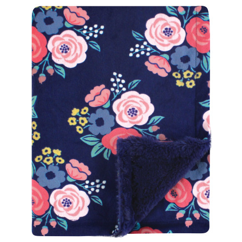 Hudson Baby Plush Blanket with Furry Binding and Back, Navy Bold Floral