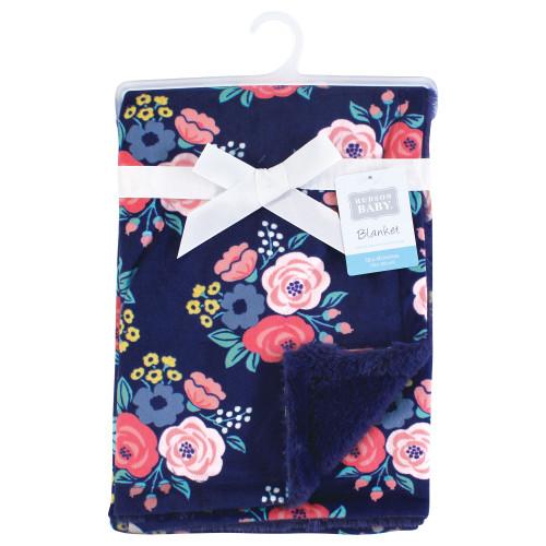 Hudson Baby Plush Blanket with Furry Binding and Back, Navy Bold Floral