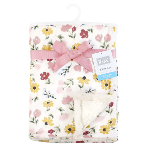 Hudson Baby Plush Blanket with Furry Binding and Back, Soft Painted Floral