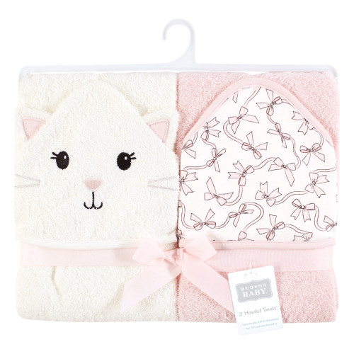 Hudson Baby Cotton Animal Face Hooded Towel, Pink Bow Kitty