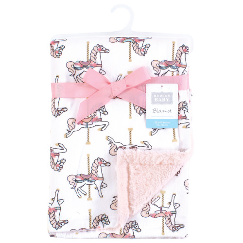 Hudson Baby Plush Blanket with Furry Binding and Back, Carousel Horse