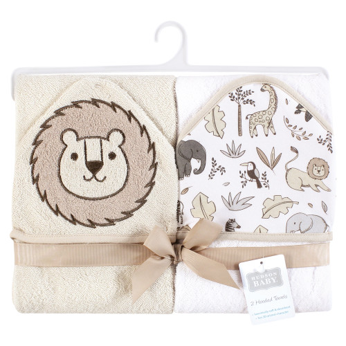Hudson Baby Cotton Animal Face Hooded Towel, Neutral Safari