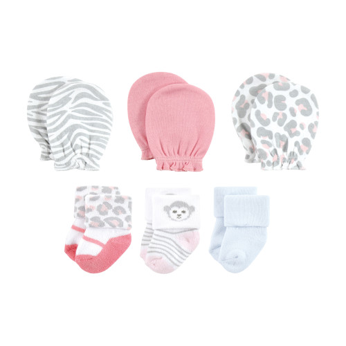 Hudson Baby Caps or Headbands, Bibs, Mittens and Socks 12pc Set, Pink Safari