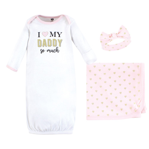 Hudson Baby Gown, Swaddle Blanket and Cap or Headband, Daddy Hearts