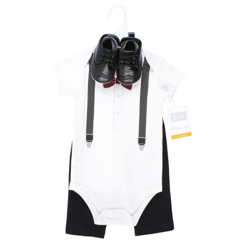Hudson Baby Cotton Bodysuit, Pant and Shoe Set, Burgundy Black Bow Tie