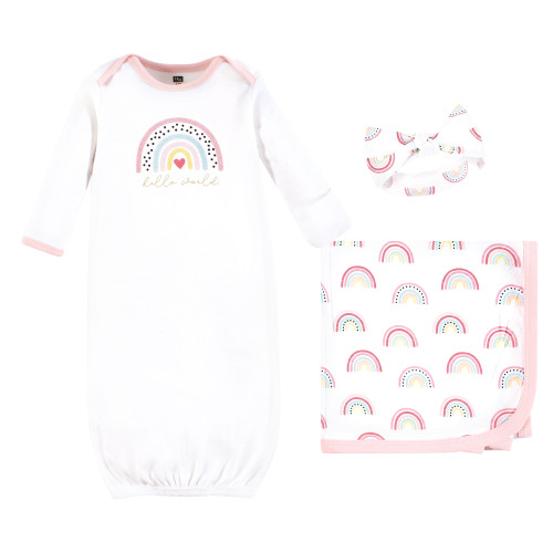 Hudson Baby Gown, Swaddle Blanket and Cap or Headband, Modern Rainbow