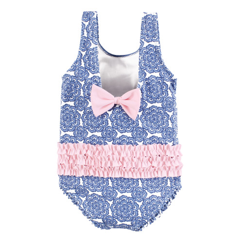 Hudson Baby Baby and Toddler Swimsuit, Blue Medallion Flower Baby