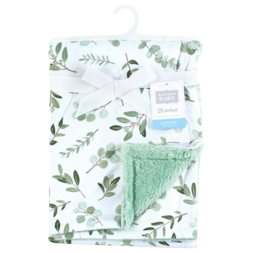 Hudson Baby Plush Blanket with Furry Binding and Back, Eucalyptus