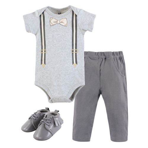 Hudson Baby Cotton Bodysuit, Pant and Shoe Set, Plaid Bow Tie