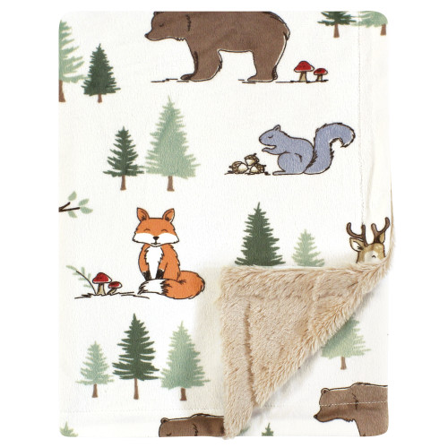 Hudson Baby Plush Blanket with Furry Binding and Back, Forest Animals