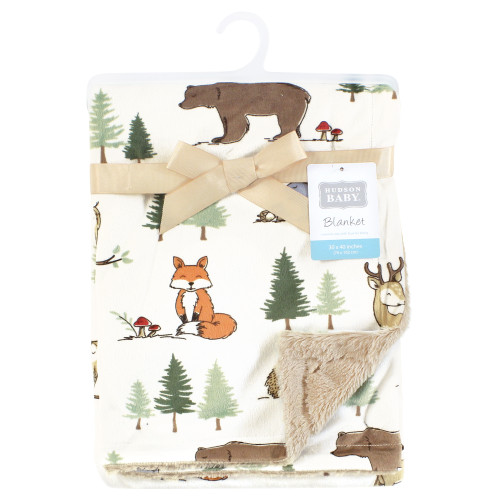 Hudson Baby Plush Blanket with Furry Binding and Back, Forest Animals