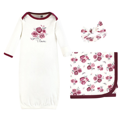 Hudson Baby Gown, Swaddle Blanket and Cap or Headband, Rose