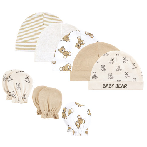 Hudson Baby Cotton Cap and Scratch Mitten Set, Teddy Bears