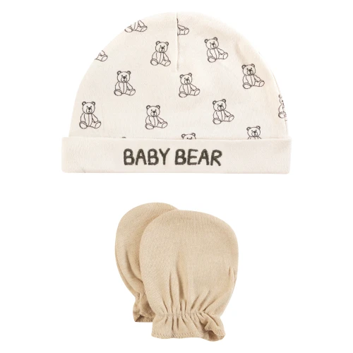 Hudson Baby Cotton Cap and Scratch Mitten Set, Teddy Bears