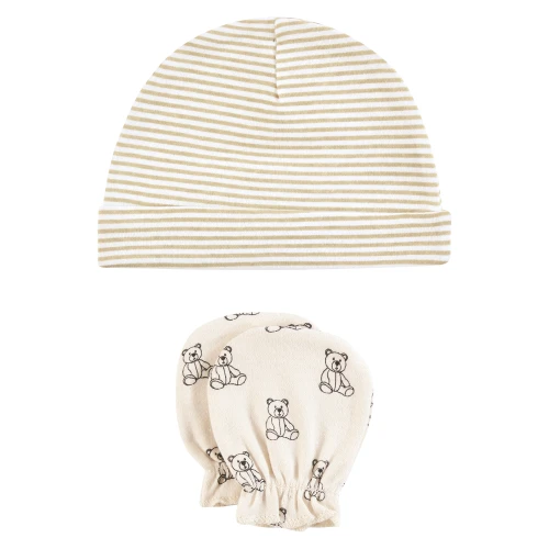 Hudson Baby Cotton Cap and Scratch Mitten Set, Teddy Bears