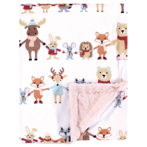 Hudson Baby Plush Blanket with Furry Binding and Back, Girl Winter Woodland Friends