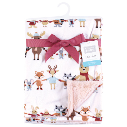Hudson Baby Plush Blanket with Furry Binding and Back, Girl Winter Woodland Friends