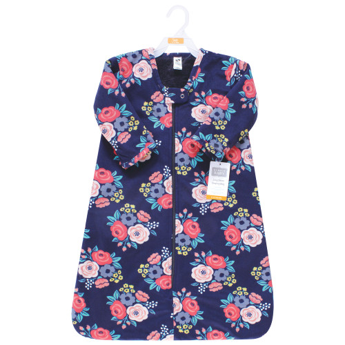 Hudson Baby Long Sleeve Plush Faux Fur Sleeping Bag, Wearable Blanket, Navy Bold Floral