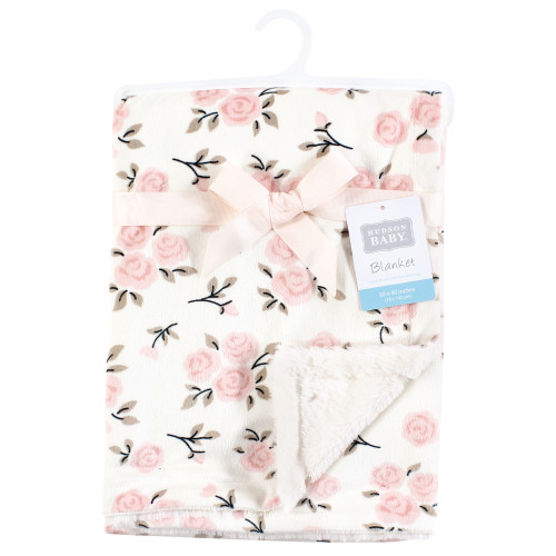 Hudson Baby Plush Blanket with Furry Binding and Back, Neutral Pink Floral
