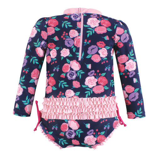 Hudson Baby Rashguard Baby and Toddler Swimsuit, Navy Bright Pink Floral Baby