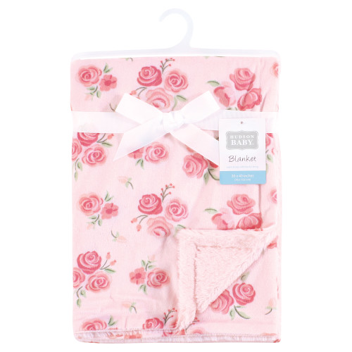 Hudson Baby Plush Blanket with Furry Binding and Back, Blush Rose