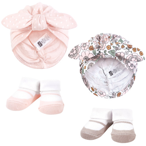 Hudson Baby Turban and Socks Set, Outline Warm Floral