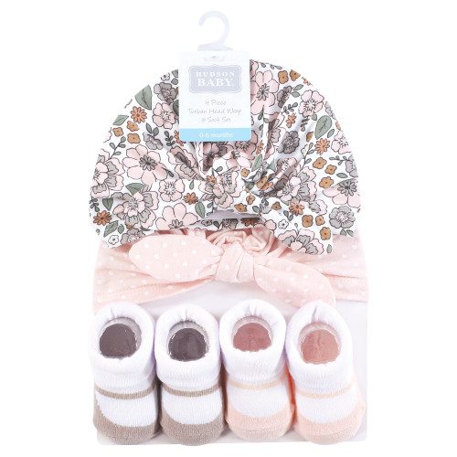 Hudson Baby Turban and Socks Set, Outline Warm Floral