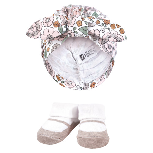 Hudson Baby Turban and Socks Set, Outline Warm Floral