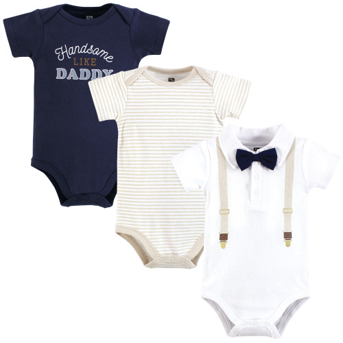 Hudson Baby Cotton Bodysuits 3-Pack, Beige Navy Suspender