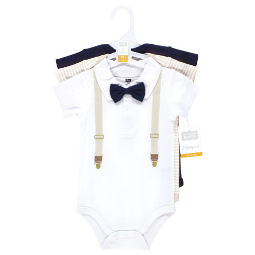 Hudson Baby Cotton Bodysuits 3-Pack, Beige Navy Suspender