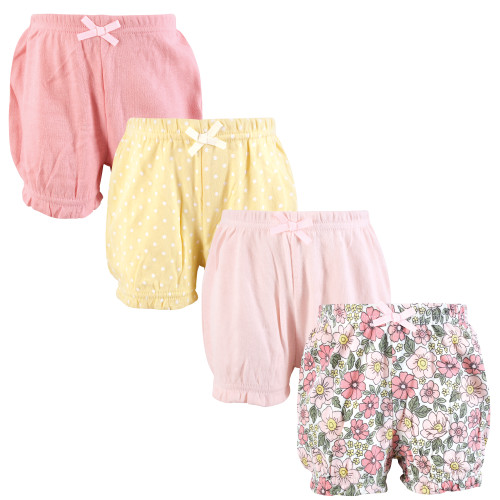 Hudson Baby Shorts Bottoms 4-Pack, Pink Yellow Pretty Floral