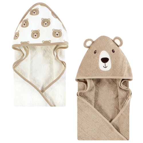 Hudson Baby Cotton Animal Face Hooded Towel, Tan Bear